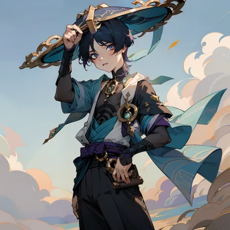 (masterpiece), best quality, perfect face, expressive eyes, (wanderer:1.2), scaramouche (genshin impact), 1boy, male focus, solo, outdoors, cloud, standing, leaf, sky, hand on headwear, vest