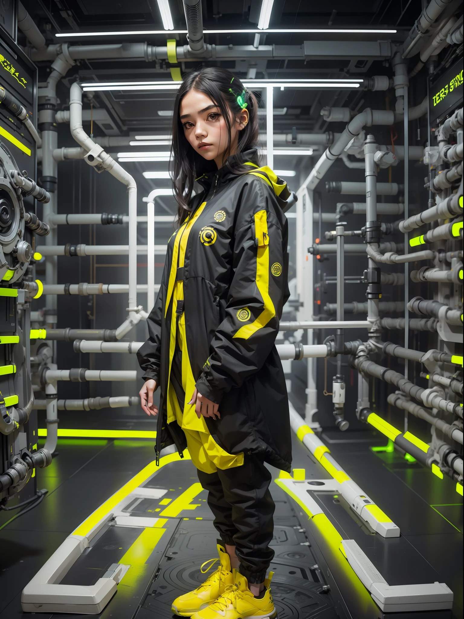 1ghotic Mädchen mit schwarz-gelber Techwear-Kleidung, Kreise Neon im Hintergrund