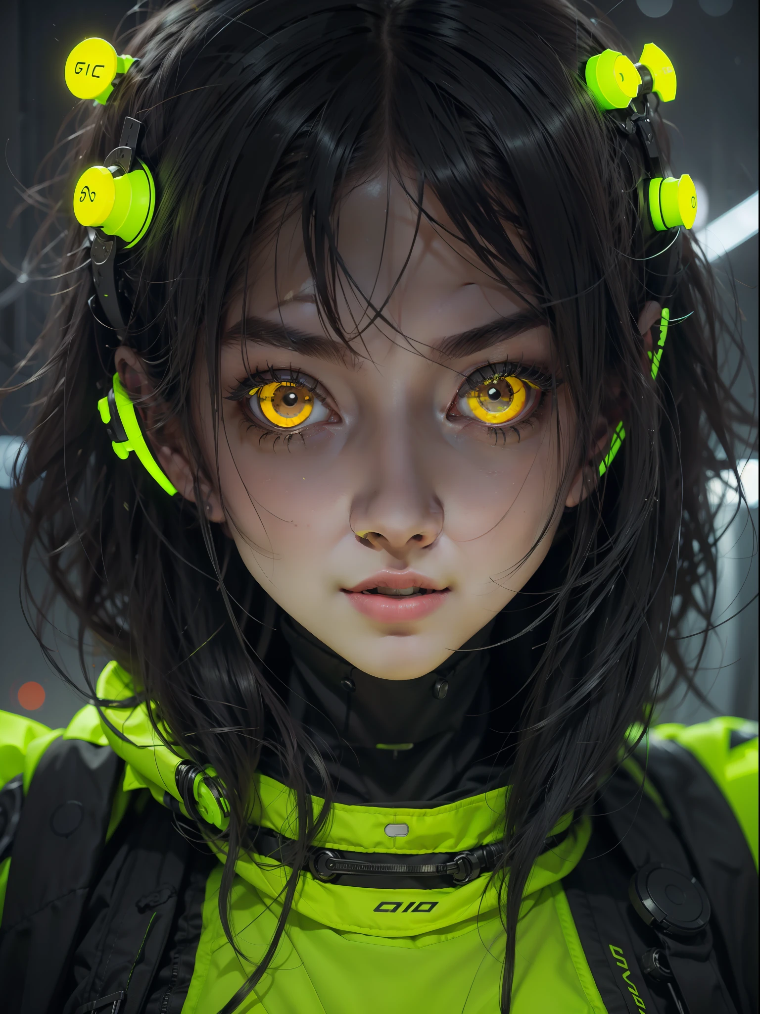 1ghotic girl with black and yellow techwear clothes, circles neon in background