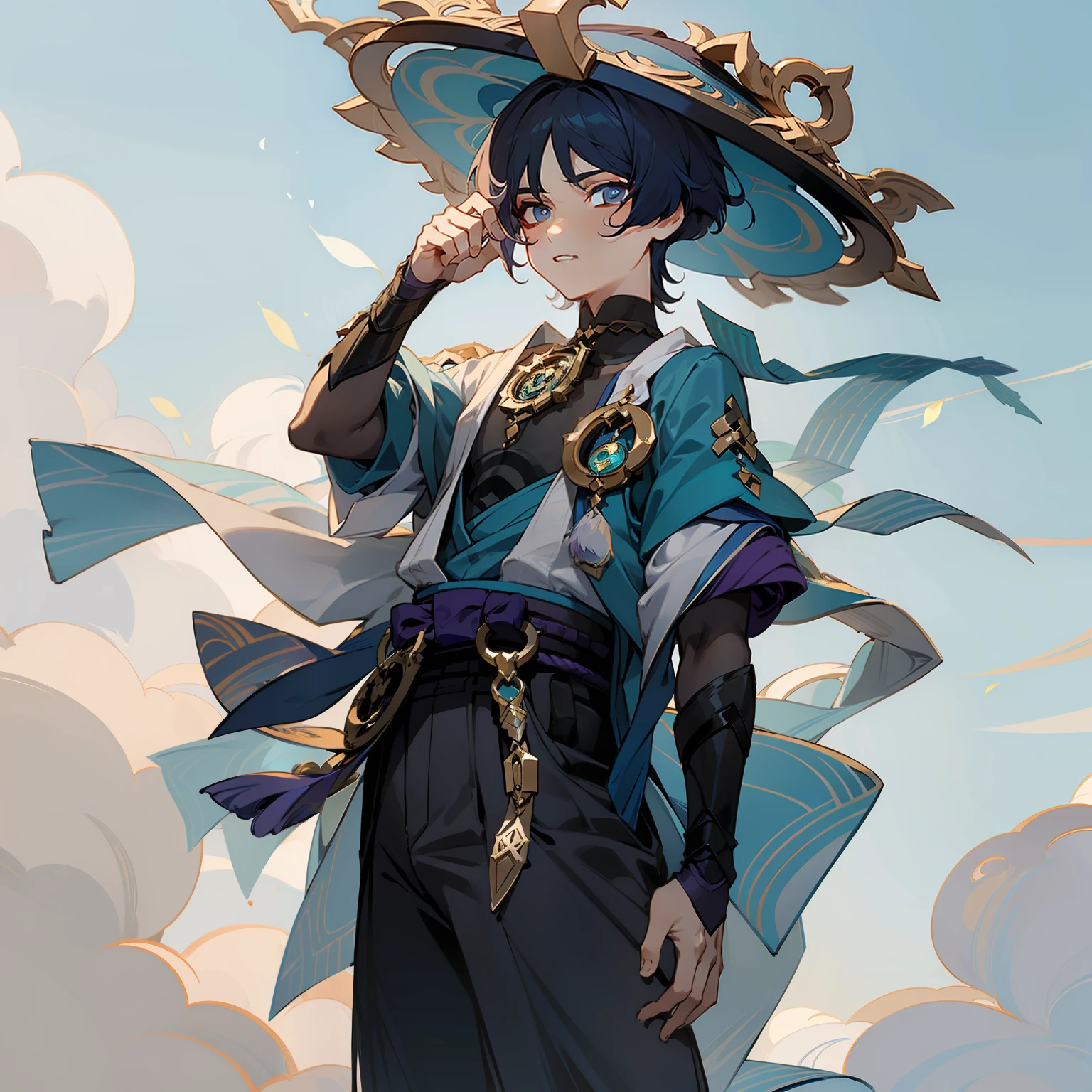 (masterpiece), best quality, perfect face, expressive eyes, (wanderer:1.2), scaramouche (genshin impact), 1boy, male focus, solo, outdoors, cloud, standing, leaf, sky, hand on headwear, vest