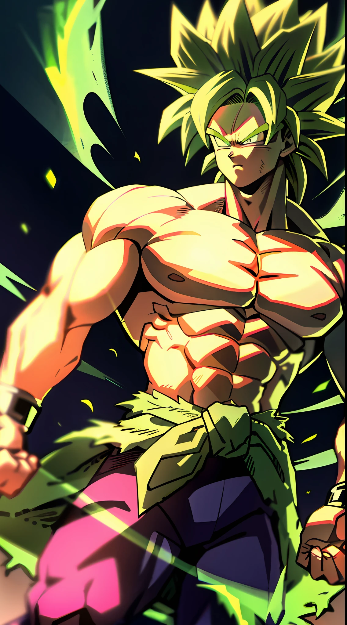 Broly, 1boy, closed mouth, male focus, muscular, muscular male, rock, sash, serious, solo, spiked hair, topless male, torn clothes, legendary super saiyan, green eyes, green hair, ((masterpiece))