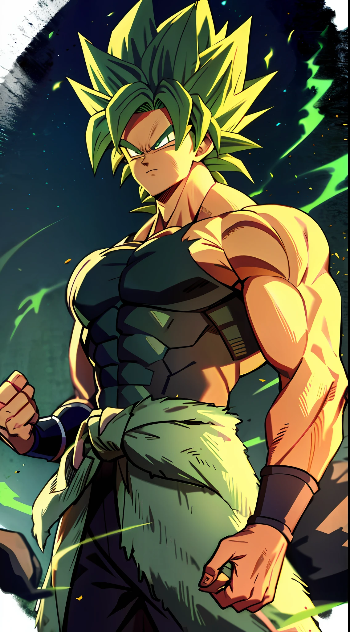 Broly, 1boy, closed mouth, male focus, muscular, muscular male, rock, sash, serious, solo, spiked hair, topless male, torn clothes, legendary super saiyan, green eyes, green hair, ((masterpiece))