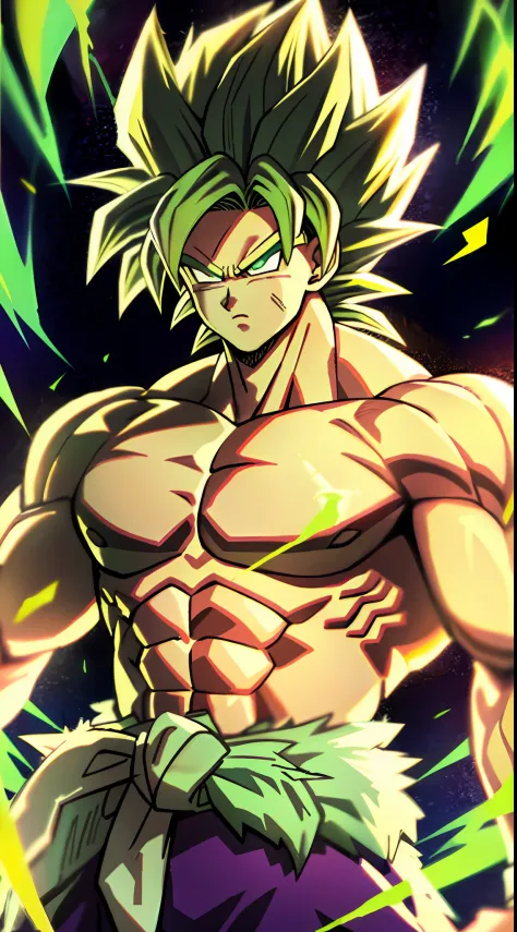 Broly, 1boy, closed mouth, male focus, muscular, muscular male, rock, sash, serious, solo, spiked hair, topless male, torn cloth...