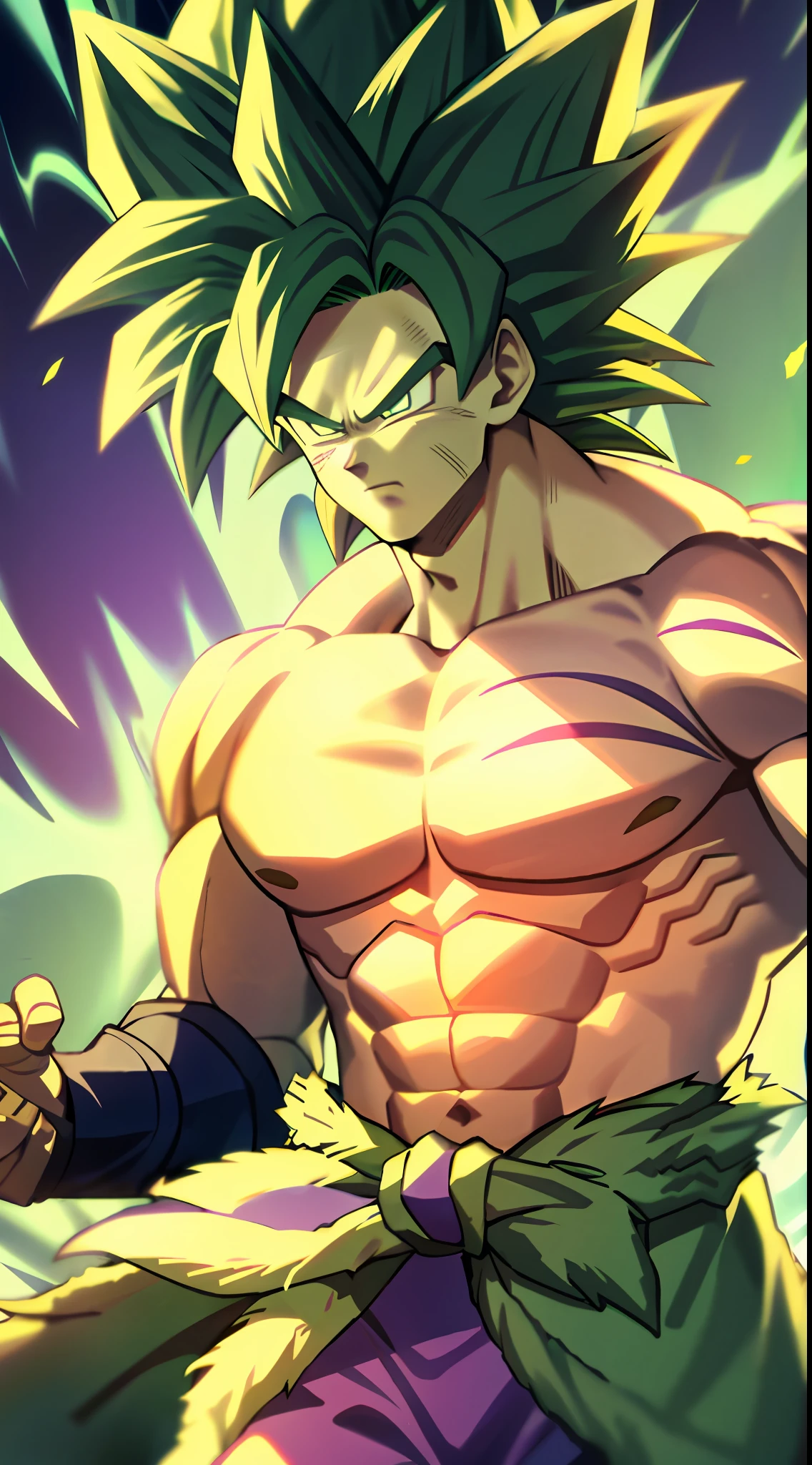 Broly, 1boy, closed mouth, male focus, muscular, muscular male, rock, sash, serious, solo, spiked hair, topless male, torn clothes, legendary super saiyan, green eyes, green hair, ((masterpiece))