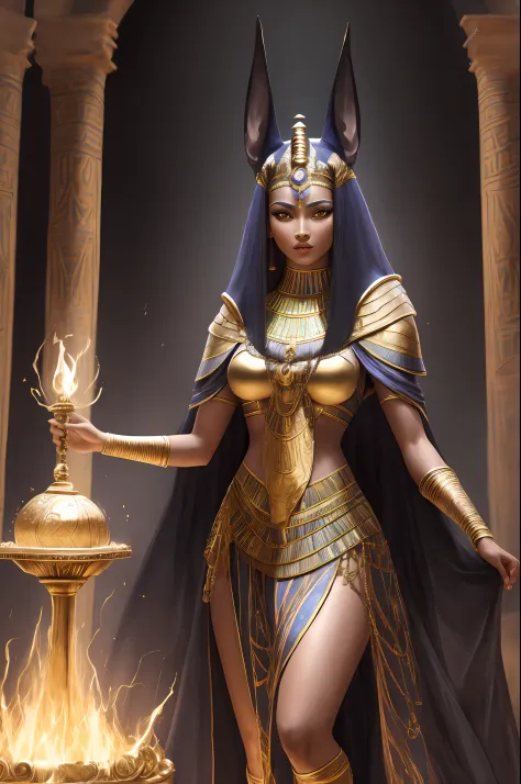 a magical woman with powers, vestida com roupas de uma rainha do antigo egito, on an altar of ancient egypt and the god anubis b...