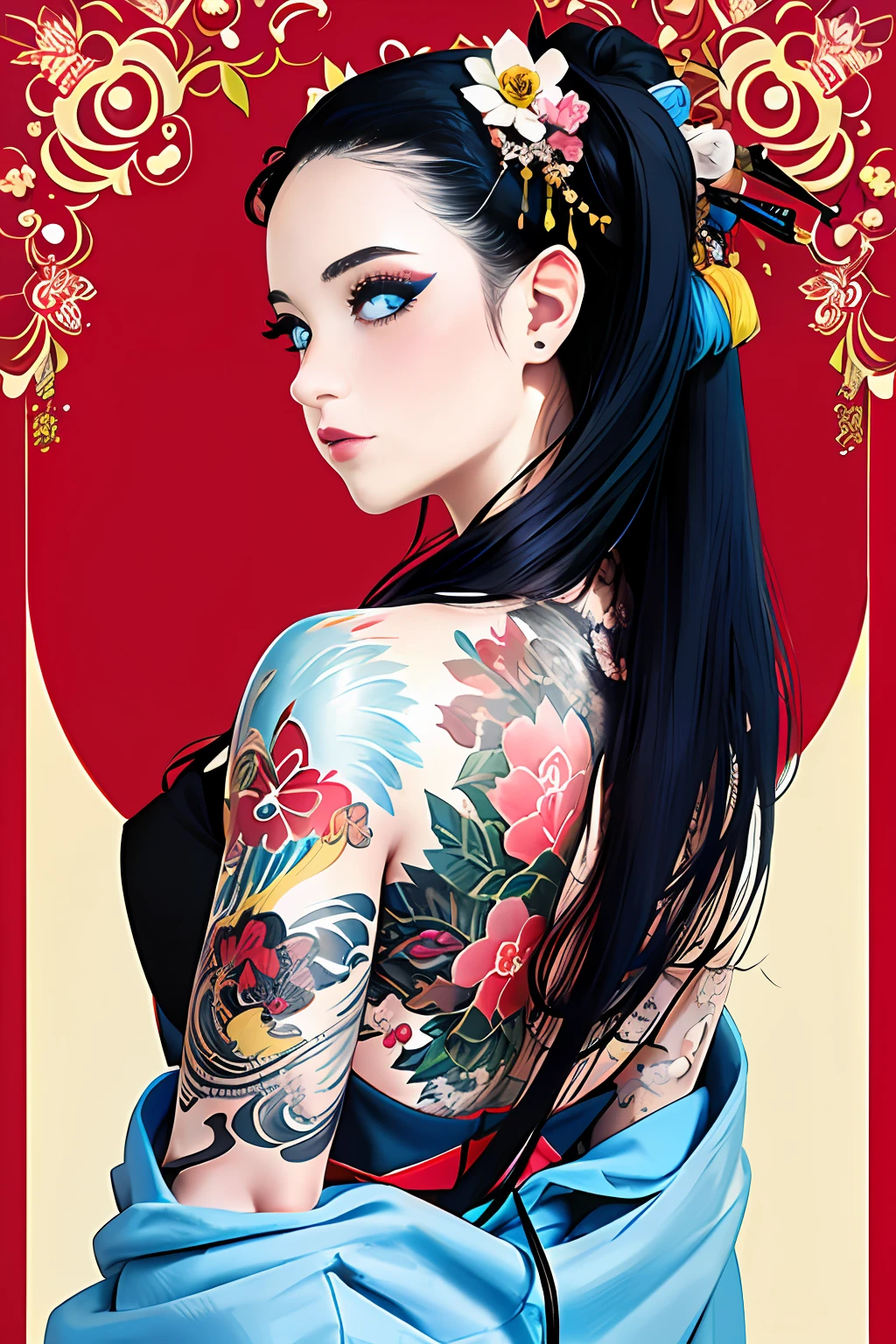 (masterpiece, top quality, best quality, official art, beautiful and aesthetic:1.2),1girl, tattoo, solo, japanese clothes,  hair ornament, unsheathing, black hair, sheath, back tattoo, blue eyes,  off shoulder, bare shoulders, looking back, from behind, flower, looking at viewer,  holding, makeup, 
indoor,