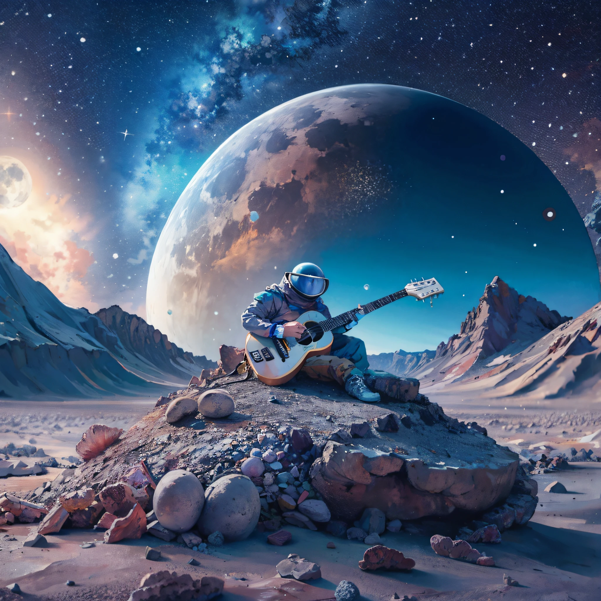 Astronauta Arafed tocando guitarra em uma rocha no deserto, em outro planeta, an alien musician lost in space, sentado em uma lua, surreal space, na lua, incredible composition, Na lua, sitting on the cosmic cloudscape, on alien planet, on an alien planet, fantasy space, incredible composition, em um planeta distante, surreal composition