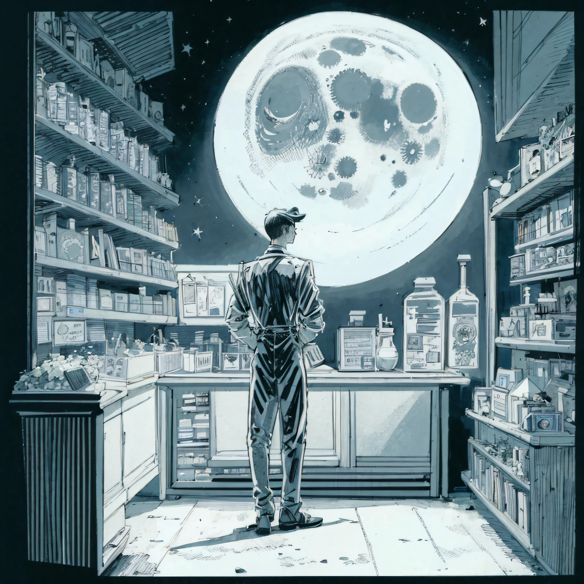 Imagen de un hombre parado en una tienda mirando la luna., boticario, David Sim, image boticario, inspirado por Mœbius, Como ilustrado em Top Cow Comics, inspirado em Ed Emshwiller, farmacia, La novela gráfica Sandman, arte publicado, Ilustración pulpa de ciencia ficción, bandido del pijama