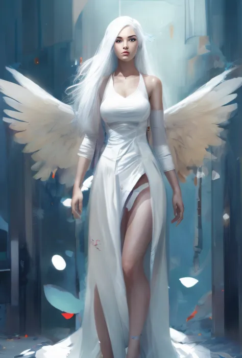 pintura de uma mulher com cabelos brancos e asas de anjo em um vestido branco, Ross Tran 8 K, inspirado em Ross Tran, Arte do WLOP, menina bonita do anjo do ciborgue, tall female angel, Rossdraw 1. 0, Wlop Ross, Anjo majestoso de corpo inteiro, Estilo Ross...
