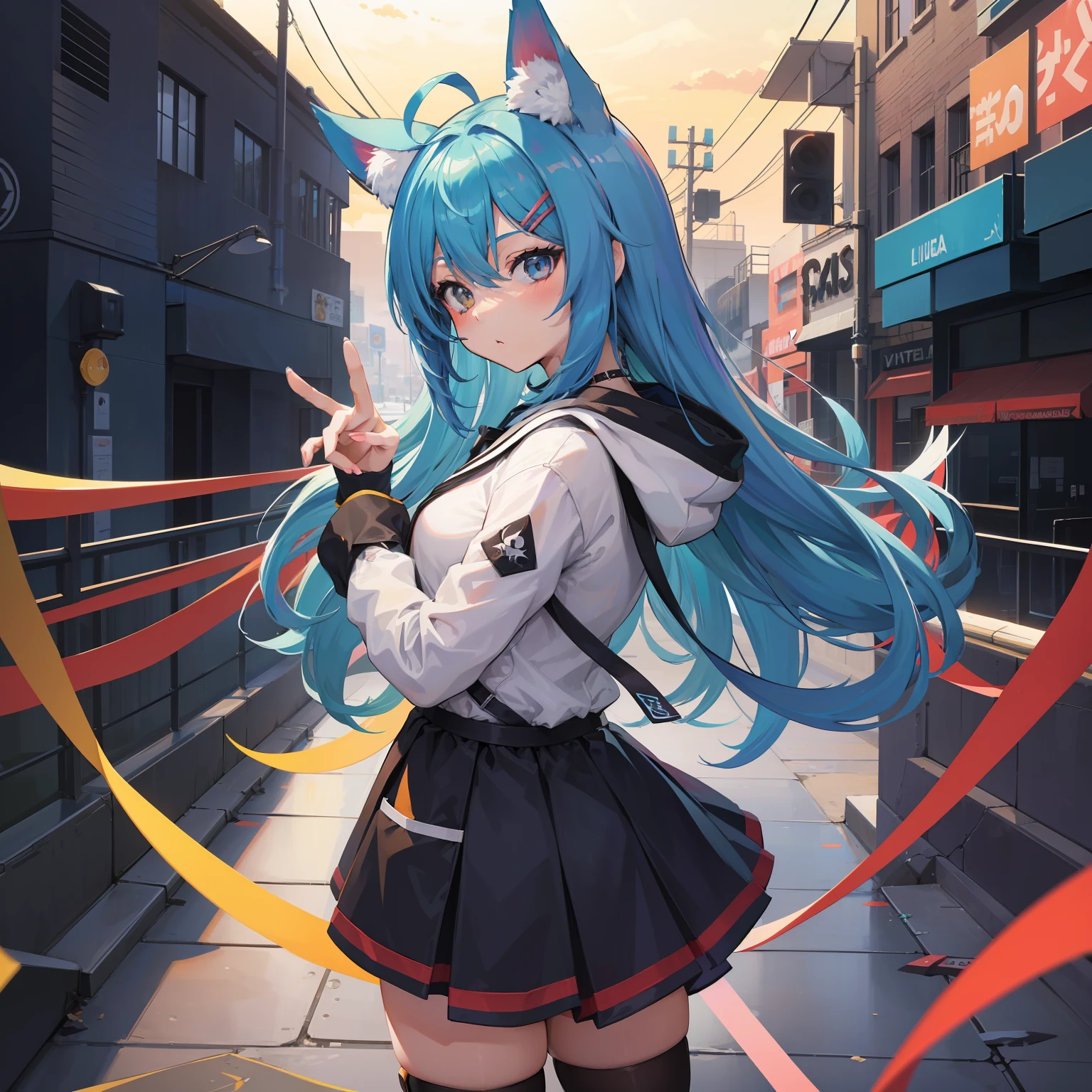 Anime girl with blue hair and a cat ears pointing at something - SeaArt AI