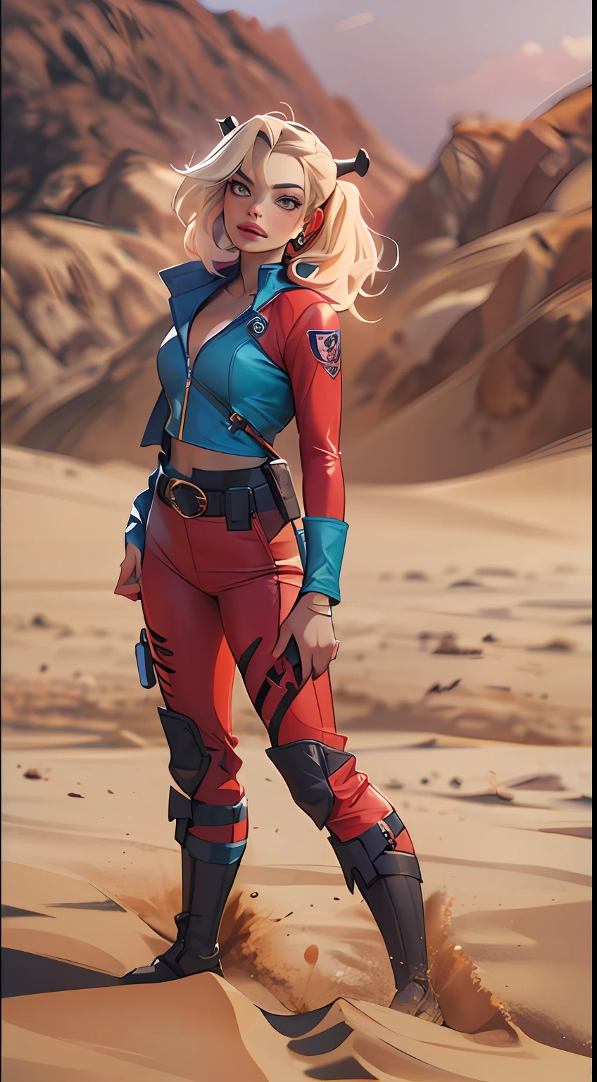 margot robbie as a gorgeous Harley Quinn standing on sand, wind in the hair, (8k:1.2)