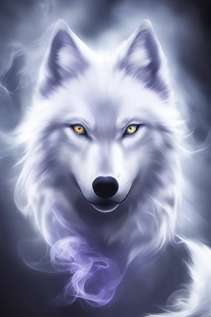 Create a white wolf T-shirt print from blue crimson smoke|fundo roxo, olhando para lente