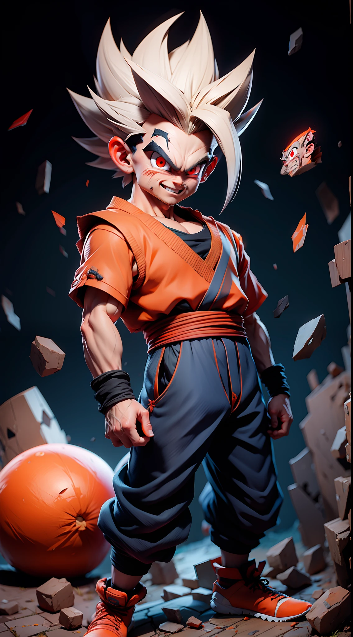 masterpiece, best quality, ultra-detailed, Adult Gohan 1boy, solo, Full body, evil smile, grey hair, spiked hair, (((red eyes))), (((perfect eyes))), (((orange dougi))), full body, looking at viewer, male focus, earth \(planet\), planet, space, cracked ground and lots of rocks rising up, lots of debris going up, perfect hands . Cute, chibi,