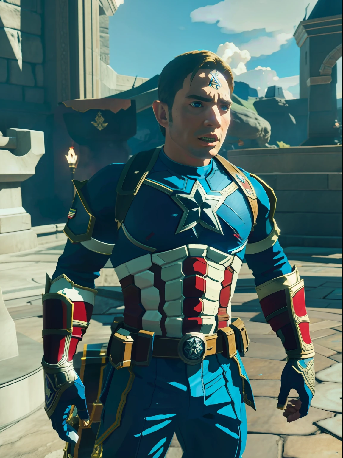 Captain America, medieval armor style, fkaa, txaa, rtx, ssao, OpenGL-Shader’s, post processing, post-production, cell shading, tone mapping, cgi, vfx, sfx, insanely detailed and intricate, hyper maximalist