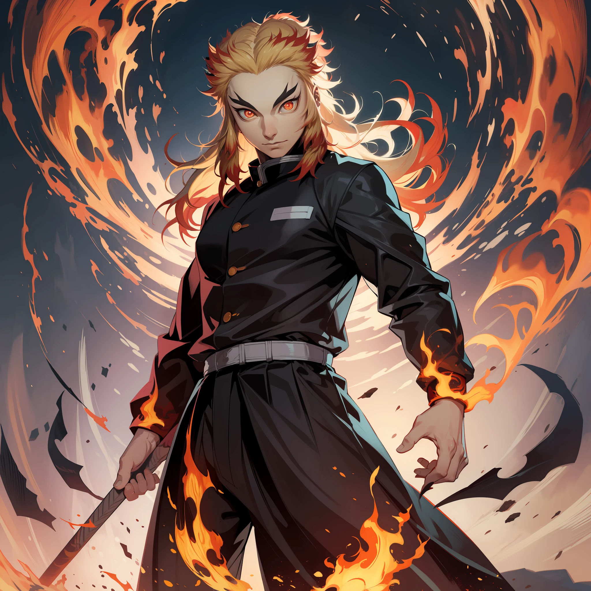 (extremely realistic, high definition character design), Rengoku Kyojuro standing in Sage Of Six Path Mode(Naruto), majestic and powerful,(red glowing eyes:1.2), flames engulfing his body, dynamic pose, standing on a burning battlefield, intense light and shadow contrast, high saturation colors, vivid and impactful.