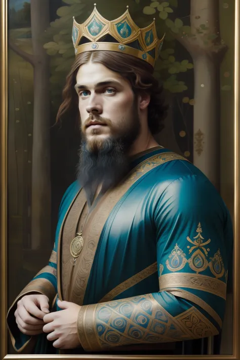 "(((pre-raphaelite painting))), rei celta, rei artur, barba ruiva, figura masculina, roupas azul e dourado, celtic symbols, crow...