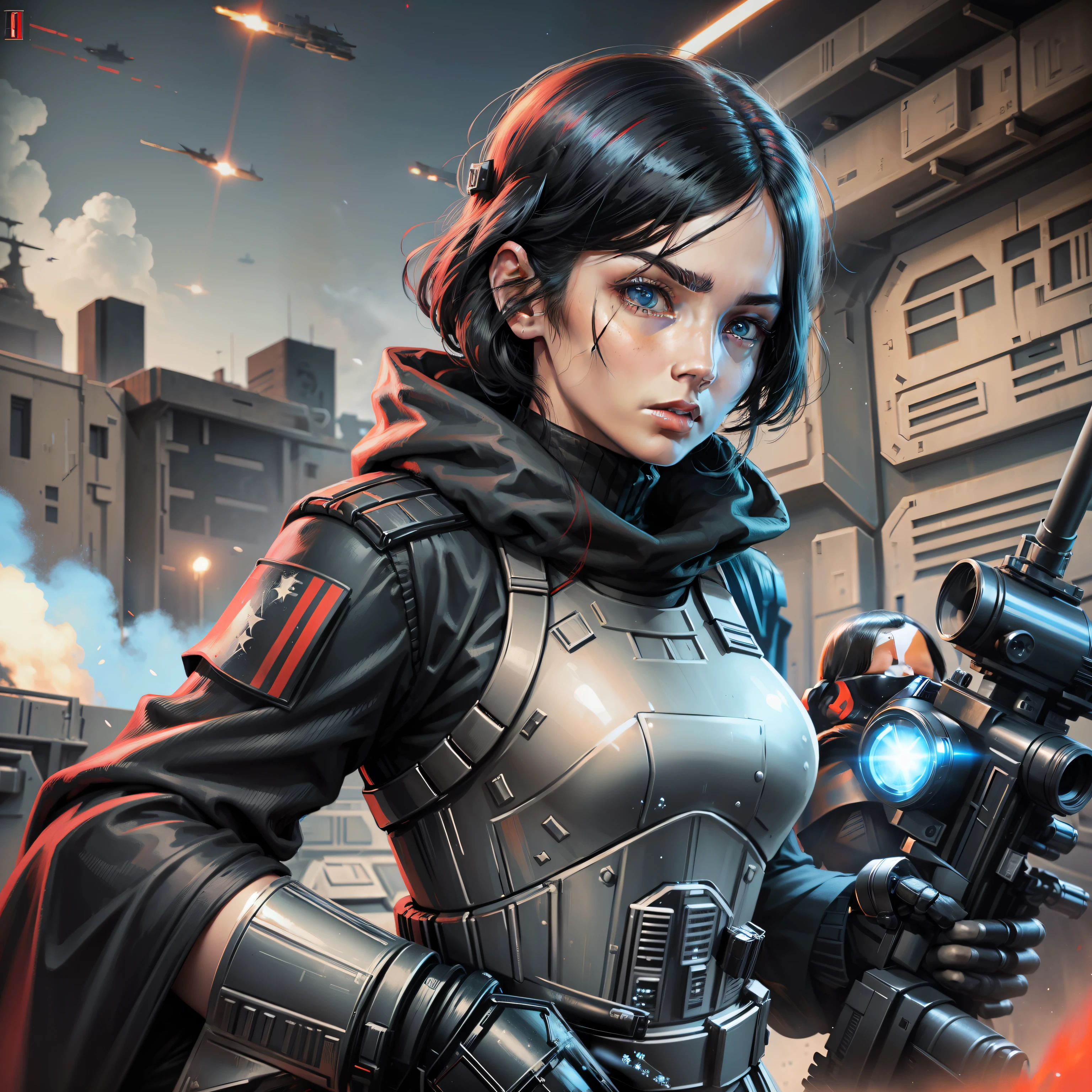 One Star Wars female imperial officer in black imperial uniform, around 2, black hair, medium lenght hair, pale skin, blue eyes. Holding a sniper blaster. Batlte in the background. Slightly injured.