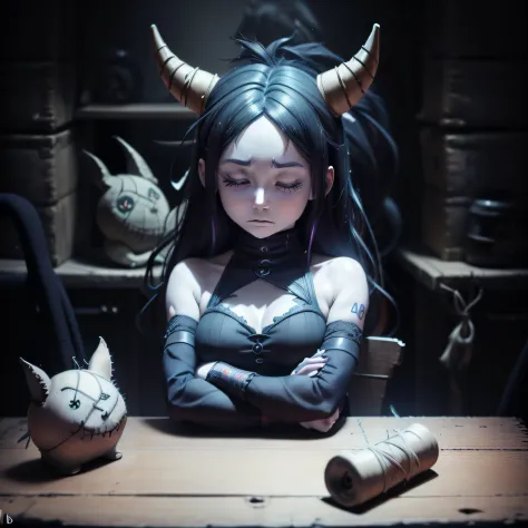 Black-haired woman with horns and horns on her head sitting at a table, menina anime demon, 2. 5 d cgi anime fantasia arte | | |...