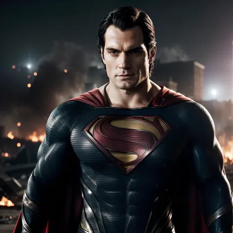 (Henry Cavill as malevolent Superman wearing black suit, Ultra realistic burning city background in 8K resolution)