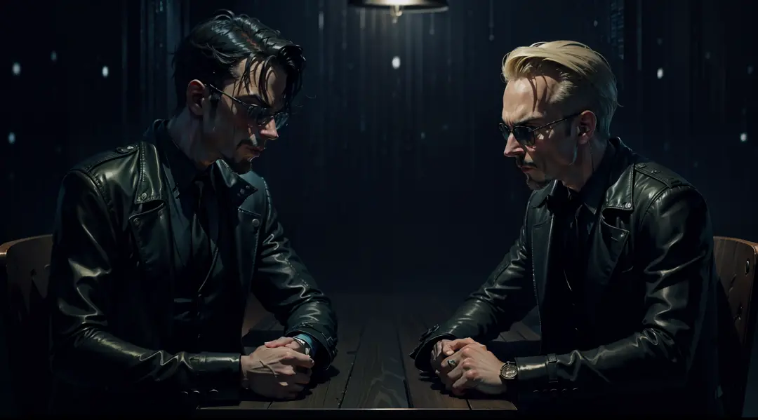 two men arguing on a table, a man in a suit sat across a man in a black leather trench coat, table, dark room, close up, faces