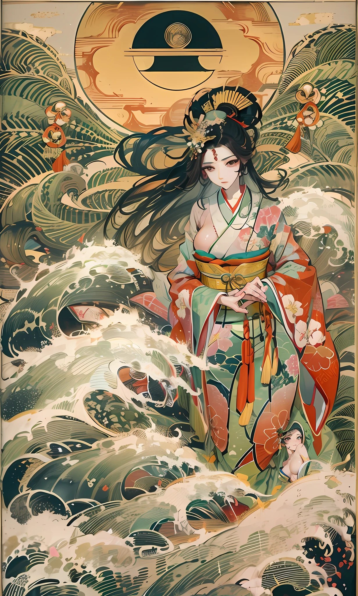 Amaterasu， Goddess of the sun， Sun incarnation，The supreme god of Japan，Ruler of Takamagahara, The apotheosis of the sun，Ancestor of the Emperor of Japan，The supreme god of Shinto in Japan，Incarnation of the sun，The background is a Shinto temple in Japan，(（Large breasts）)， (Married Woman)，apathy，Extremely majestic，Intimidating，Pitch-black eyes，Japanese makeup，kneeling to sitting on the ground，Create a splendid atmosphere，full of lights，White skin of the， Long black hair，Sun tattoo on the chest，mother with big breasts，(Extremely gorgeous kimono)，clogs，white legwear，with perfect legs，Japanese kabuki costume，Gorgeous belt，Hairpin，(A wide range of luxury Japanese accessories)，Perfect flesh full of texture, , Scorching rendering, jaw dropping, Captivating visual treat，((best qualtiy)), ((tmasterpiece)),MAXIMUM DEFINITION，8k wallpaper，offcial art，Many-Layer Textures ，ultra-detailliert， illustratio，(Super detailed face)，（s the perfect face）， Clear texture， finely detailed textures， Ultra HD detail display， Excellent image performance，High-quality illustrations，Perfect fit and harmonious tones，Deep lines，Precise brushstrokes，Strong sense of three-dimensionality，Delicate wearing feeling，Wonderful color scheme，intricately details