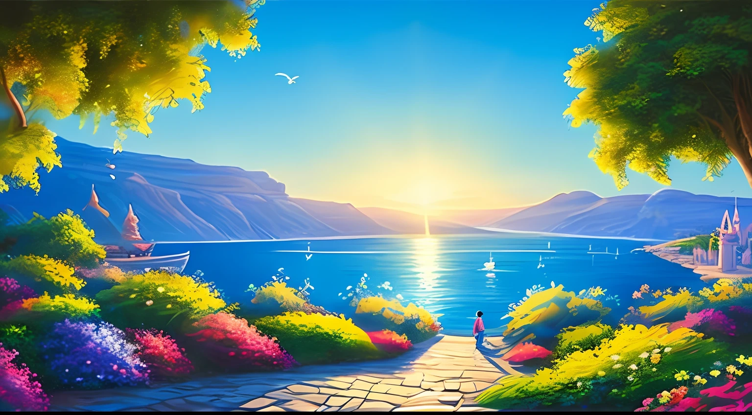 Qualidade da arte original, Mar da Galileia, dia ensolarado, Estilo de animação Disney, Luz de fundo azul, Translúcido, com luz como tema, o foco da luz está nos personagens, a imagem geral é fresca e brilhante.