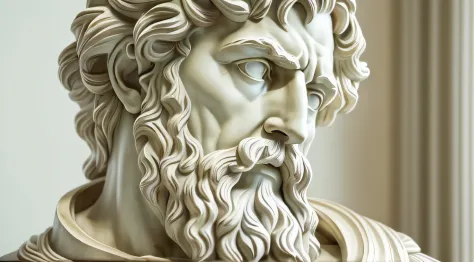 a close up of a statue of a man with a beard, stoic face, stoicism, cinematic bust portrait, godlike and stoic, artstyle of mich...