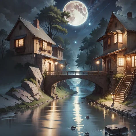 A painting of a river with stars and moon in the sky, concept art inspired by Tosa Mitsuoki, pixiv contest winner, best quality,...