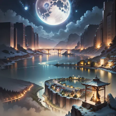 A painting of a river with stars and moon in the sky, concept art inspired by Tosa Mitsuoki, pixiv contest winner, best quality,...