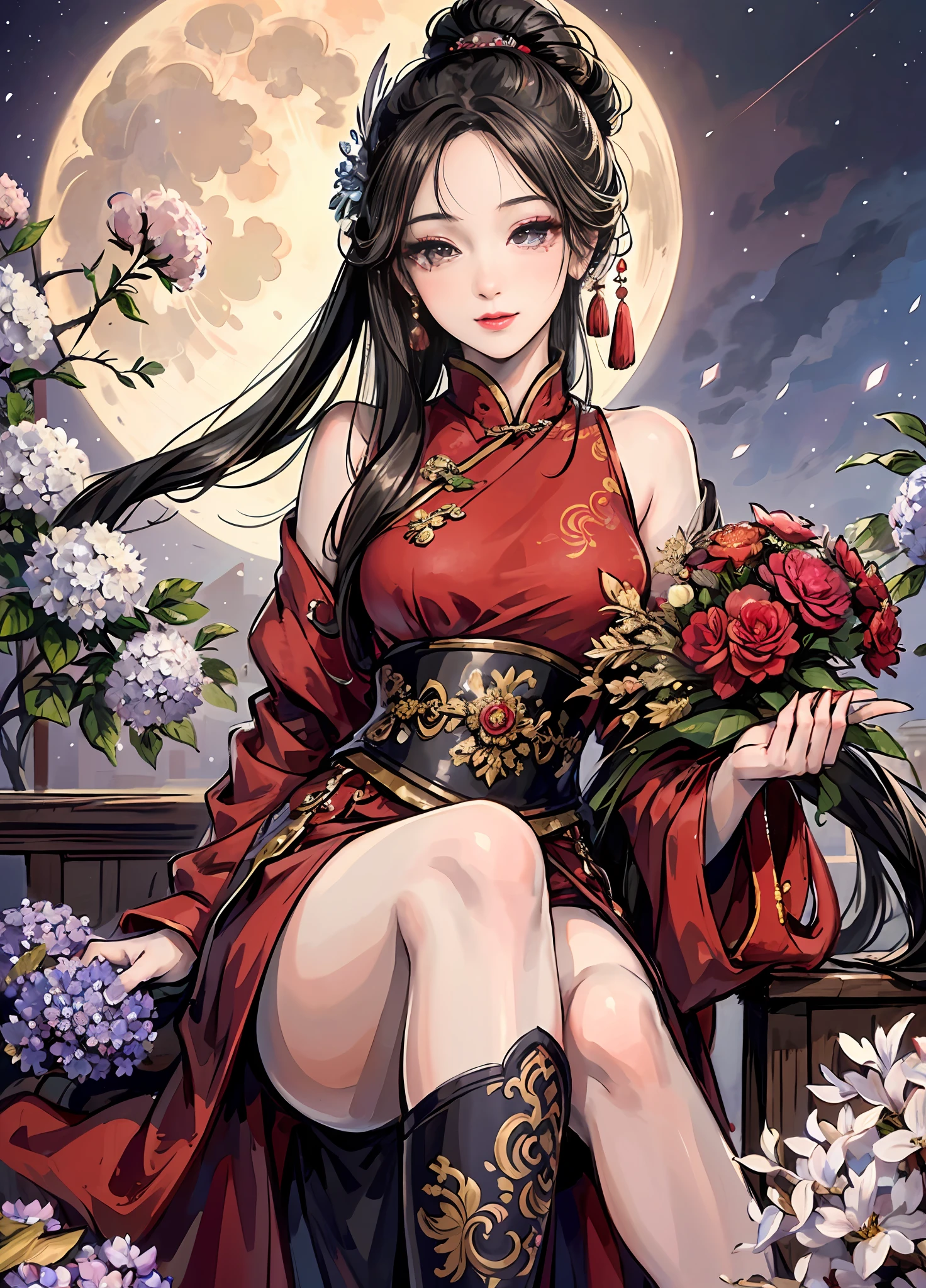 Masterpiece, Superb Product, Night, Full Moon, 1 Woman, Mature Woman, Chinese Style, Antique Chinese, Sister, Royal Sister, Smile, Brunette Hair, Updo, Red Lips, Calm, Intellectual, Hairpin, Hair Flower, Detailed Facial Details, Detailed Eyes, Full Body, Gray Eyes, Long Hair, Hydrangeas