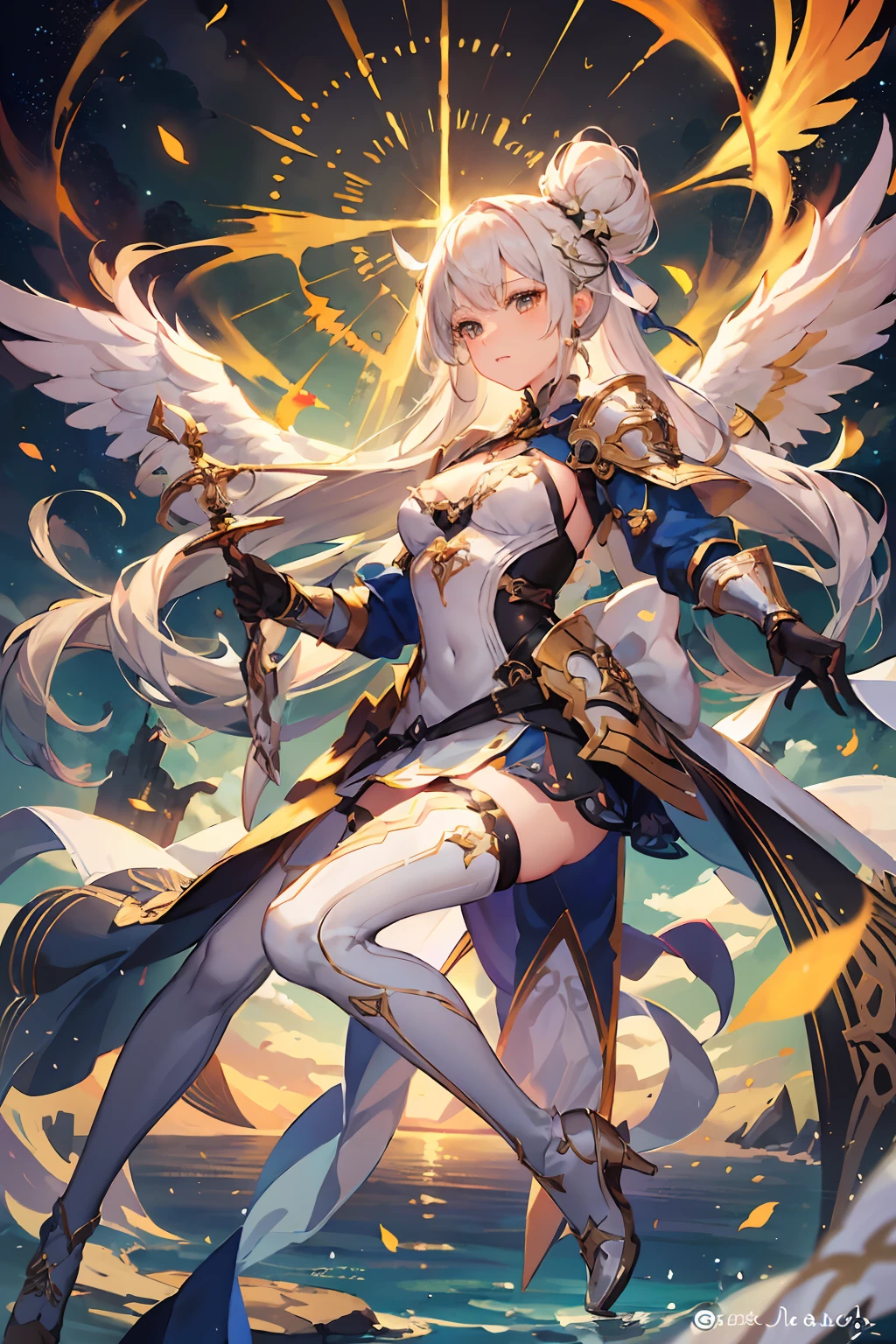 ((4K,masutepiece,Best Quality)), maxiskit, dress conservatively 1 girl, Solo, Full body, wide shoot, holding sword down, White hair, Long hair, armor, Angel, White bra, side bun, from the front side,  Angel Halo, Dazzling golden and orange sparks, extra size body, Night, mont, look at viewr