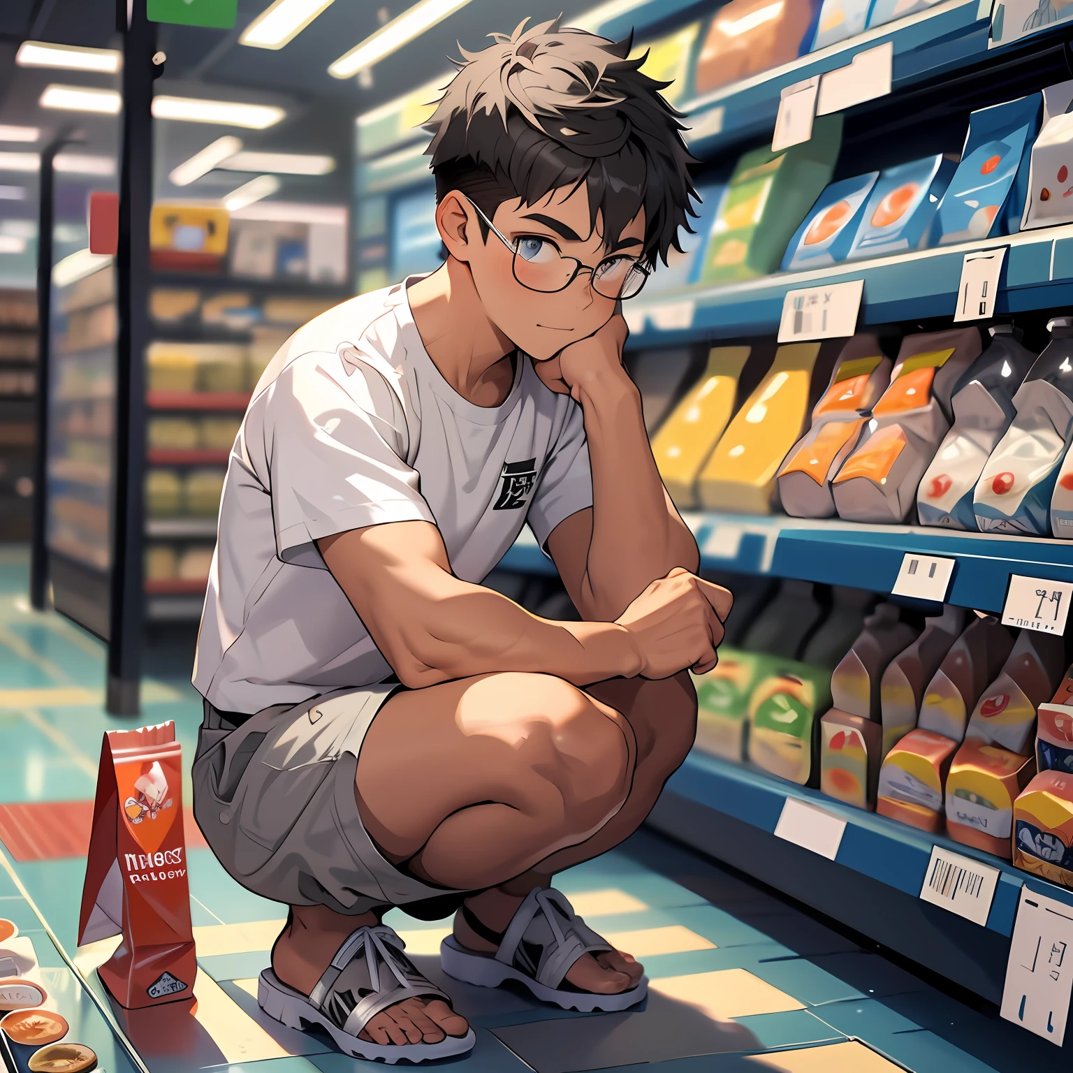1boy,Supermarket，Shopping，Squat to pick goods，Don't look at the lens，Casual short sleeves，grey shorts，Raised sexy，strike，tmasterpiece，A masterpice，best qualtiy，Good details，the complex background，Storytelling images，