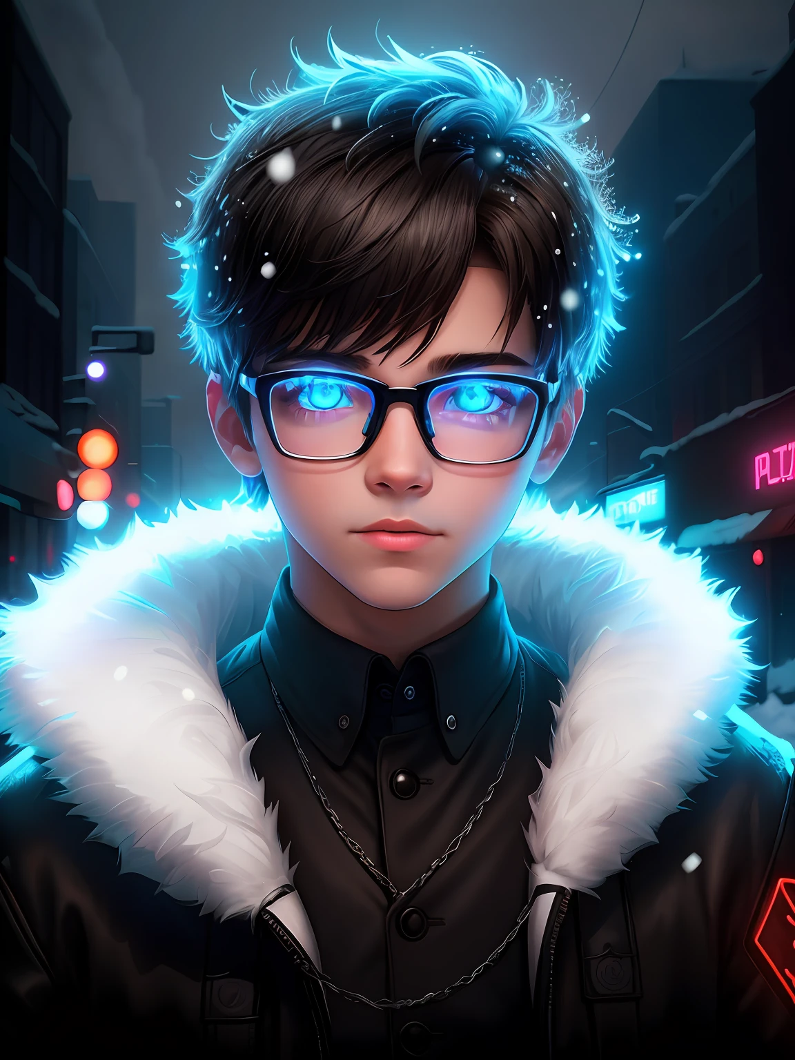 Schnee-Apokalypse-Porträt eines super süßen Jungen , Junge mit Brille , dunkles Licht , Neonschild , Eindringliche Atmosphäre , digital art , kompliziert , 8k Auflösung , Super Qualität ,