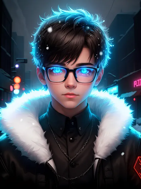 snow apocalypse portrait of a super cute boy , boy with glasses , dark light , neon sign , haunting atmosphere , digital art , i...