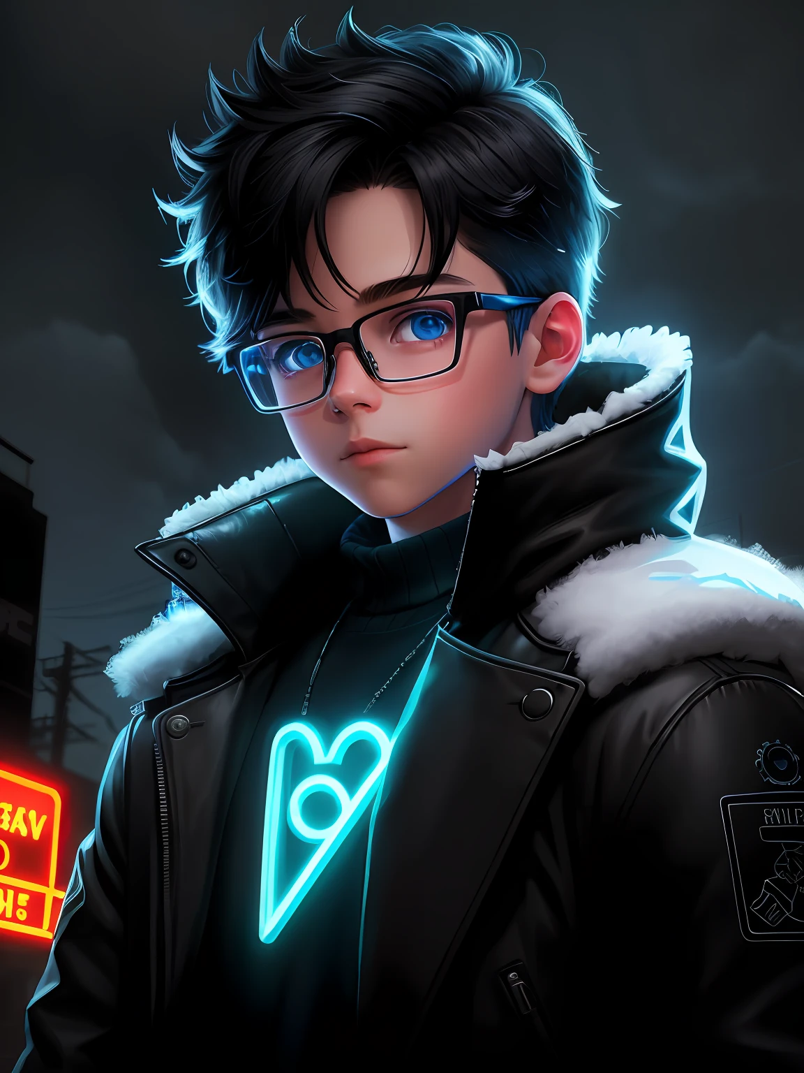 snow apocalypse portrait of a super cute boy , boy with glasses , dark light , neon sign , haunting atmosphere , digital art , intricate , 8k resolution , super high quality ,