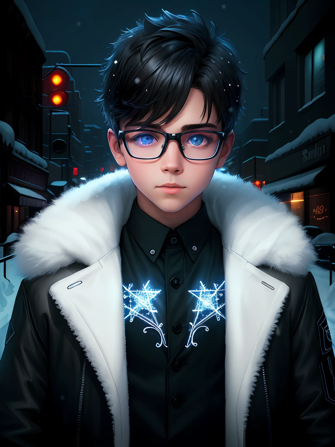 retrato de apocalipse de neve de um garoto super fofo , Menino de óculos , Luz negra , sinal de neon , atmosfera assustadora , arte digital , intricado , Resolução 8k , super alta qualidade ,