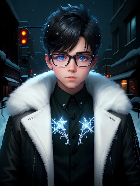 snow apocalypse portrait of a super cute boy , boy with glasses , dark light , neon sign , haunting atmosphere , digital art , i...