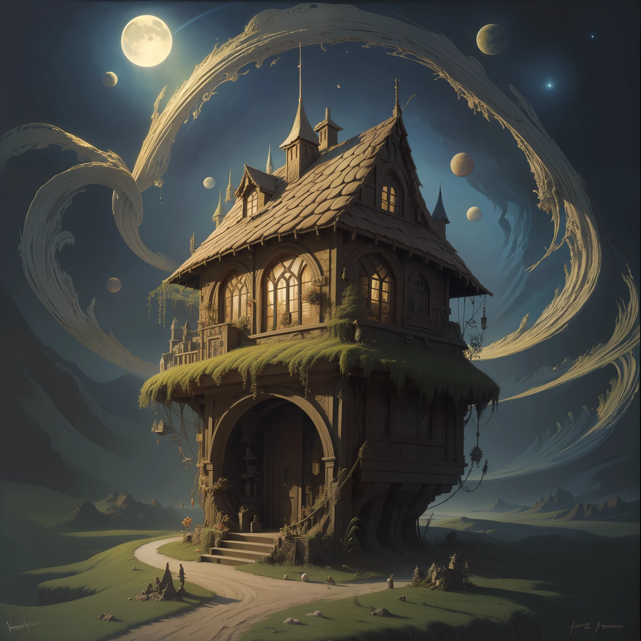 There is a painting of a cookie house, magic realism painting, science fantasy painting infinite celestial house, inspirada em tomasz alen kopera, de maxim verehin,