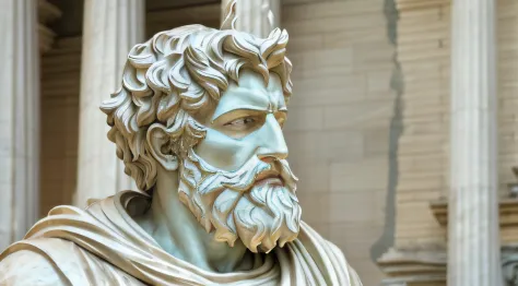 a close up of a statue of a man with a beard, stoic face, stoicism, cinematic bust portrait, godlike and stoic, artstyle of mich...