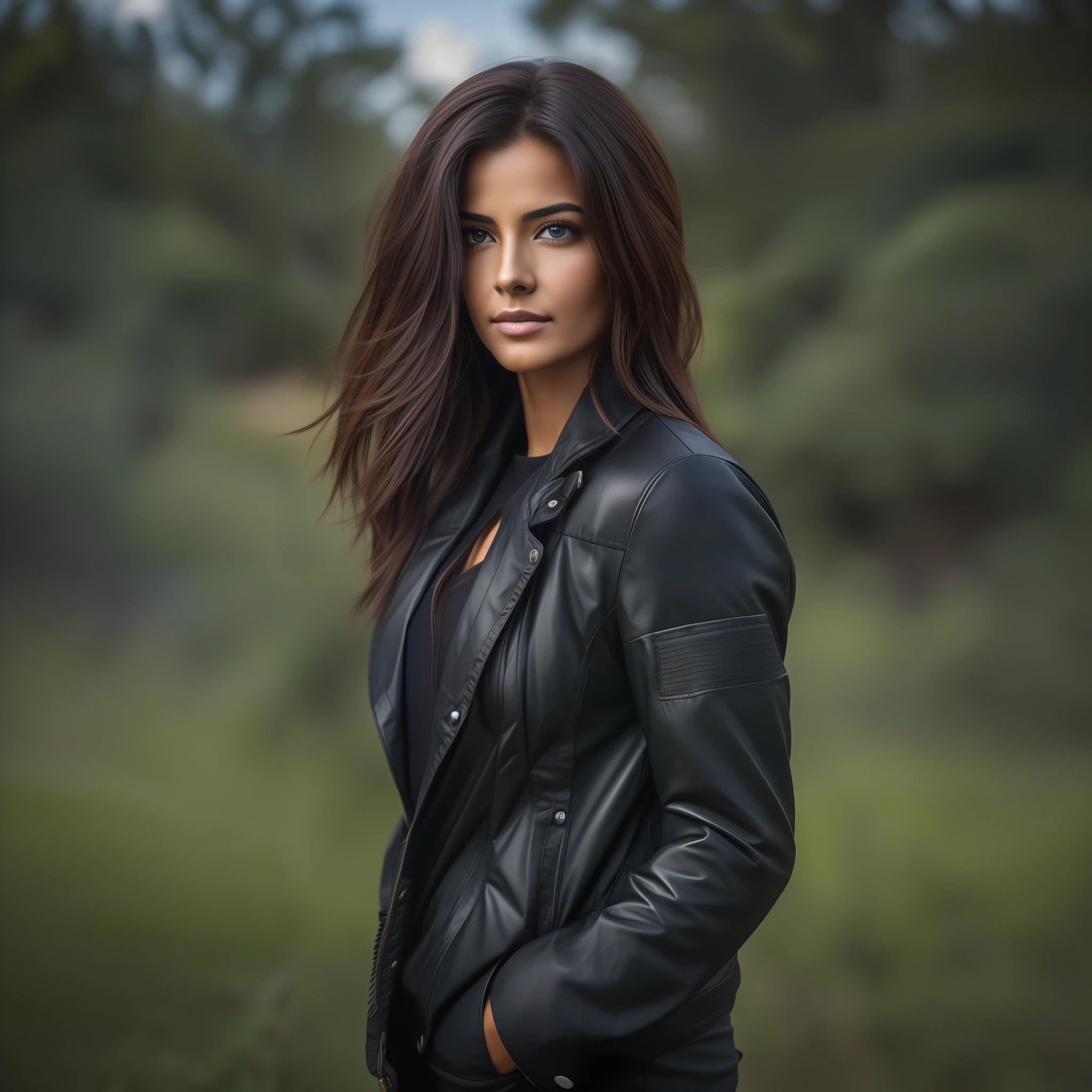 (Mujer escocesa de 30 años.), ojos azules, cabello rubio lacio, MIRANDO A LA CÁMARA, Ultra realista, detallado, solución, poca profundidad de campo, detalles intrincados, vistiendo chaqueta negra, foto Canon SL3 DSLR com 24.1MP