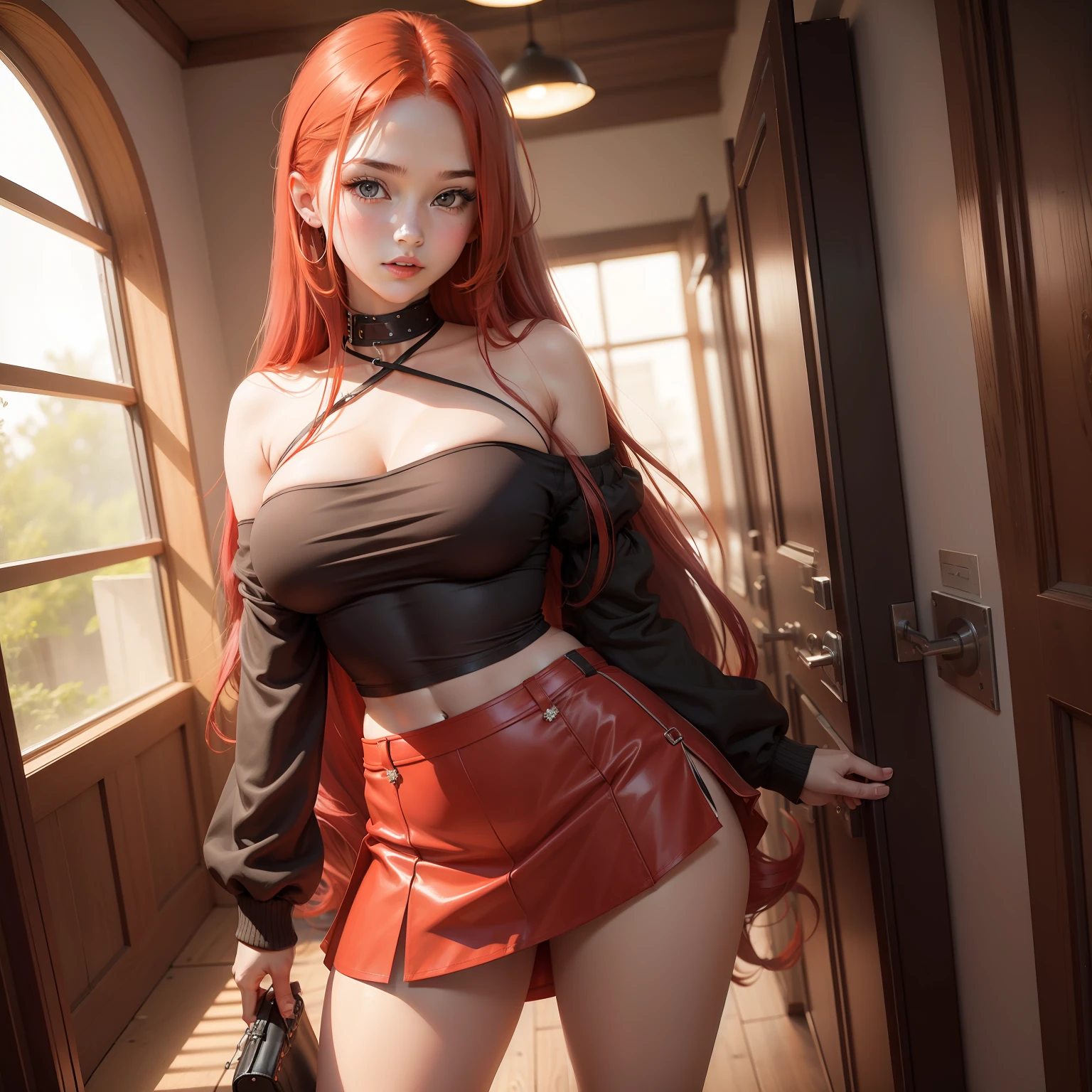 1girl, long red hair, sexy, mini skirt, beautiful face, big breasts, short pole, big neckline