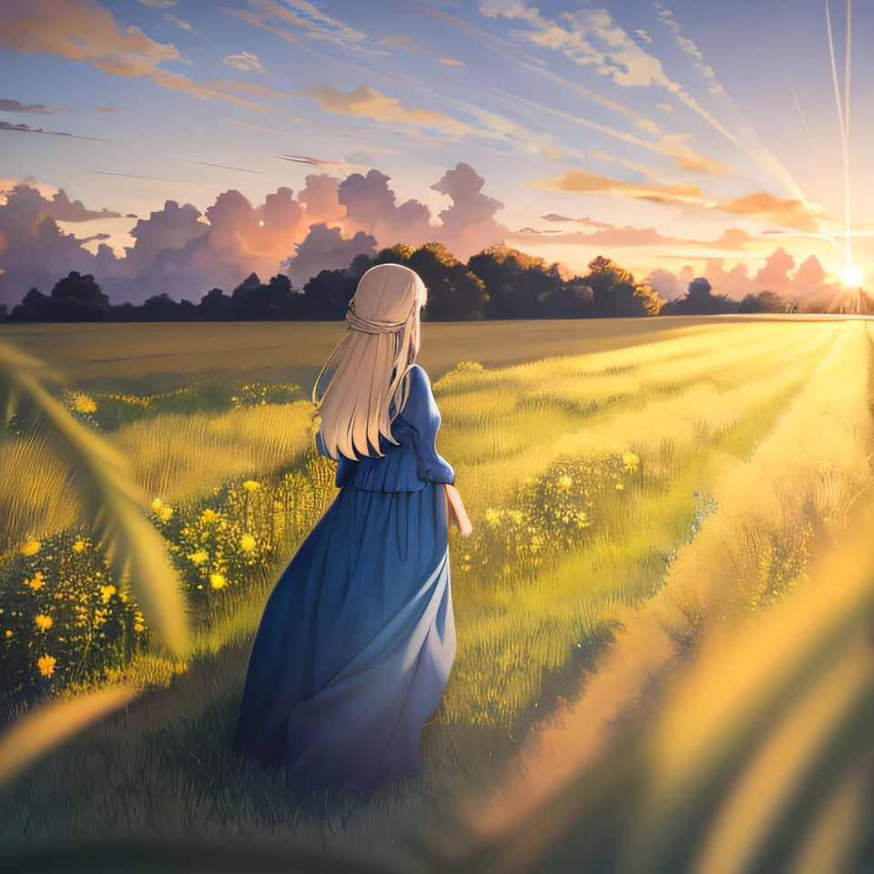 arafed woman in a blue dress standing in a field, standing in a grassy field, standing in grassy field, in a grassy field, standing in tall grass, in a large grassy green field, in a grass field, standing in a field, standing alone in grassy field, in a field, in a open green field, long blue dress, looking at a beautiful sunset at a beach