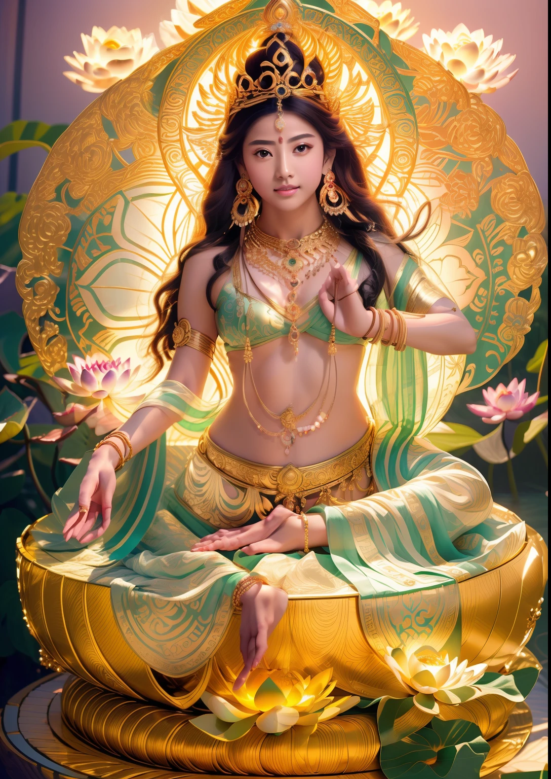 Beautiful green skin goddess sitting on a lotus platform，Holding a flower in hand， (((Body skin is green)))，Delicate，Bright big eyes look at the audience，Long time brilliant，Peaceful sitting posture，Complete foot structure，Barefoot，The sky behind the head has a circular circle of light，Light，（primitive：1.2），（realisticlying：1.4），（Sharpness：1.2），16 yaers old，(((body high：1.5))),（（Gemstones refract dazzling light）），（（middlebreast：1）），（abs：0.7），（glute：1.2），(healthy-looking skin， Thin skin， seductiveexpression， double eyelid，Jelly textured lips， Glowing lips，Small upturned lips，Shiny skin，(((Flawless skin texture)))，Real pores，ctextured skin，choker necklace，Wear a lot of Yingluo，（Wear gemstones，pearls，hisui，amber，），（（Gorgeous and exquisite crown，gemstone setting）），（Dynamic hair，long whitr hair，Beaded hairpins，Nobile，Delicate skin texture），Glossy glossy skin，Glowing skin，Radiant hair，The head is illuminated with an aperture，The body shines， High quality detailing， Cinematic lighting，,absurderes, unbelievable Ridiculous, hugefilesize, ultra - detailed, A high resolution, The is very detailed，best qualtiy，tmasterpiece，illustratio，The is very detailed，CG，unified，8k wallpaper，Amazing Cleavage，finely detailled，tmasterpiece，(((dynamicposes)))，((Correct anatomy)),(((Correct dissection))，indian goddess of wealth，