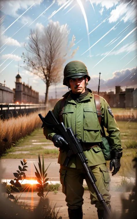 soldado russo, fotografia,  guerra, combate, soldado contente, por do sol, obra prima