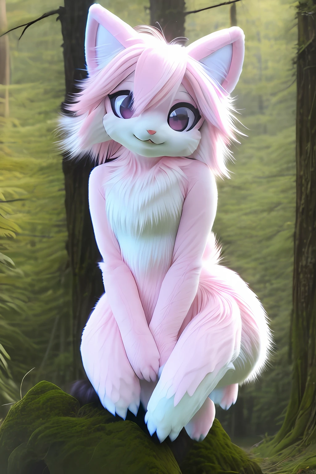 RAW photo, hyper HD, Digital SLR, High quality, Realistic, photograph realistic, DreamlikeArt, Lens flare, Upper body, view the viewer, Animal focus, Furry, fur set, 1girll, Cute, kawaii, Lovely, fur, Fur head, Narrow waist, Animal ears, clawed paws, paw shoes,Lonely rock，in pink