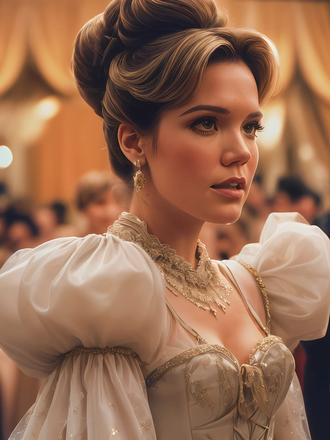 style années 80, Mandy Moore, Une robe de bal royale Cendrillon majestueuse et élaborée avec (((énormes manches bouffantes))) et unn hourglass waist, et un (((énorme jupe à crinoline))), orné de nœuds, Broderie, et des bijoux