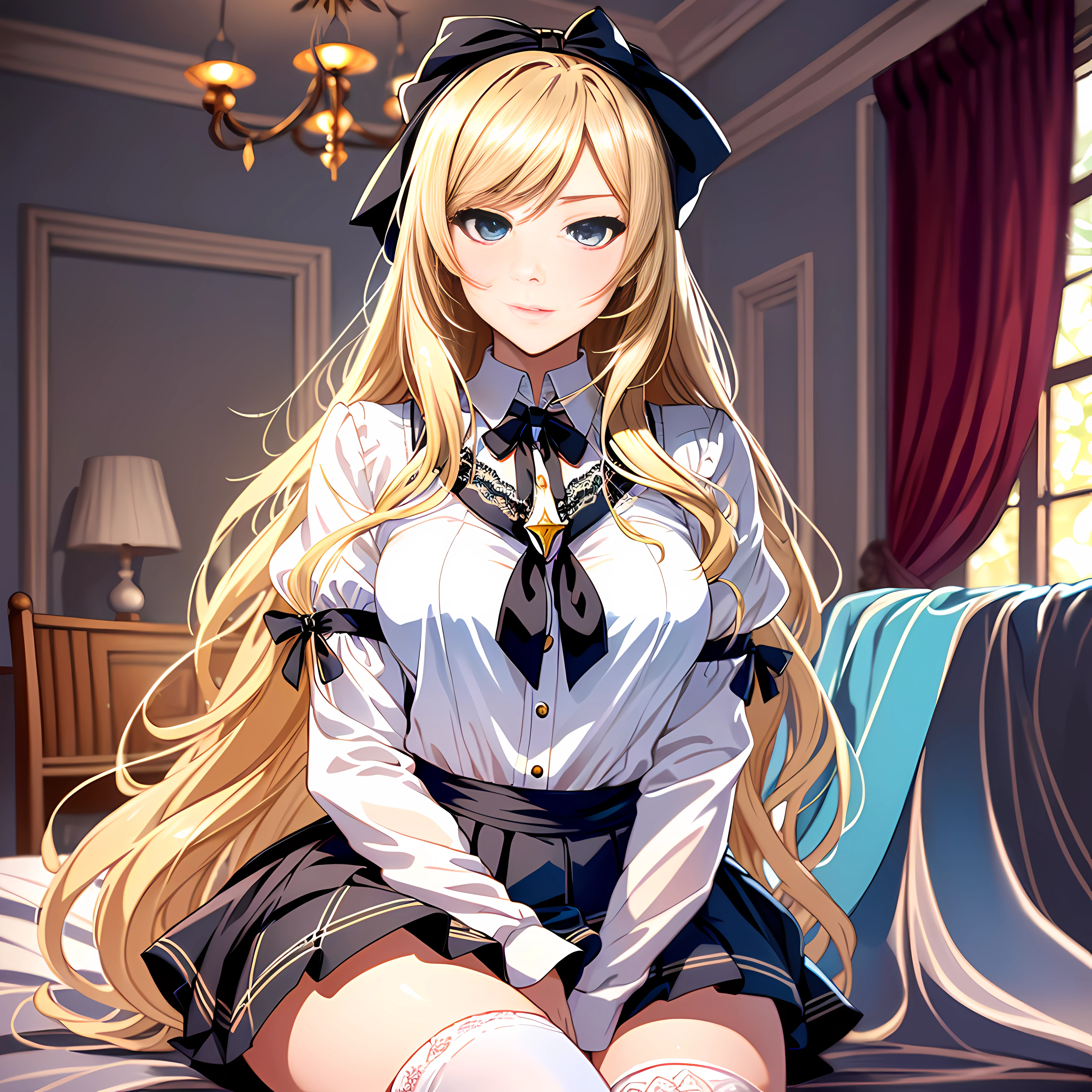 In her room, the open window curtain overlooking the park, a chandelier on the ceiling, bed in the back, sitting cross-legged on a fine wooden chair, a schoolgirl of European origin, 20 years old, sexi, flirtatious look, lustful pose, blonde with blue eyes, medium chest, beautiful gradient, Full body, Beautiful anime style girl, clean detailed facesKawaii, anime girl, dynamic pose, (school uniform: white V-neck blouse with lace and neckline, short red skirt with black squares and with pleats and butterfly patterns, white knee-high stockings with diamond patterns, black bow on the head,), /(shapely legs, slender hands, triangular face, hourglass body, thin lips, small nose, perfect eyes, small waist, wide hips,), full body, Uhd digital painting, hyperdetailed triadic colors, unreal engine, fantastical, intricate detail, complementary colors, concept art based on the art of Range Murata, 8k resolution, deviantart masterpiece, oil painting, heavy strokes, dynamic light source