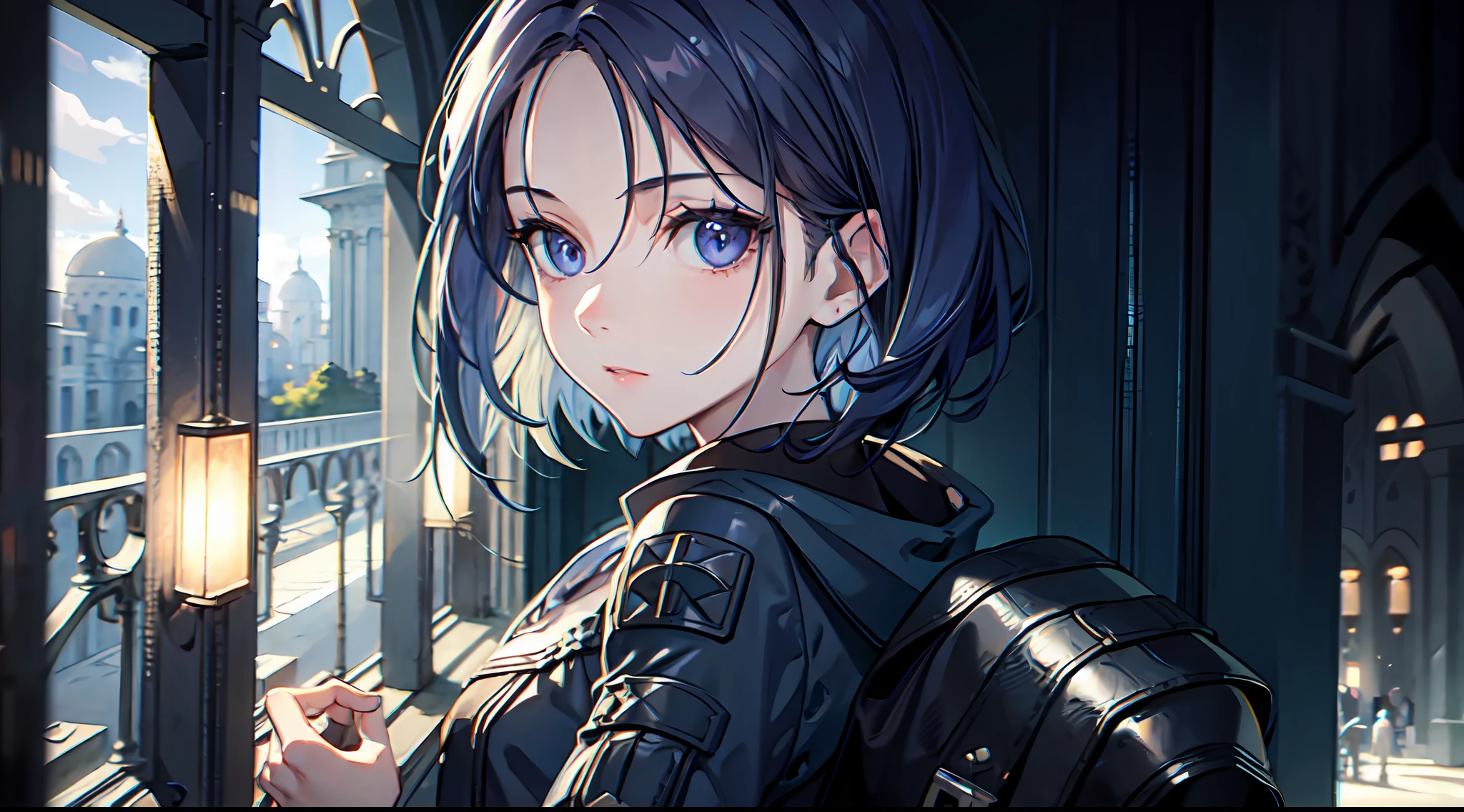 1girl, (solo:1.2), ((masterpiece)), slim, small chest, pale skin, ((detailed eyes)), (bokeh effect), dark blue hair, looking back, bag, blue eyes, interior, palace