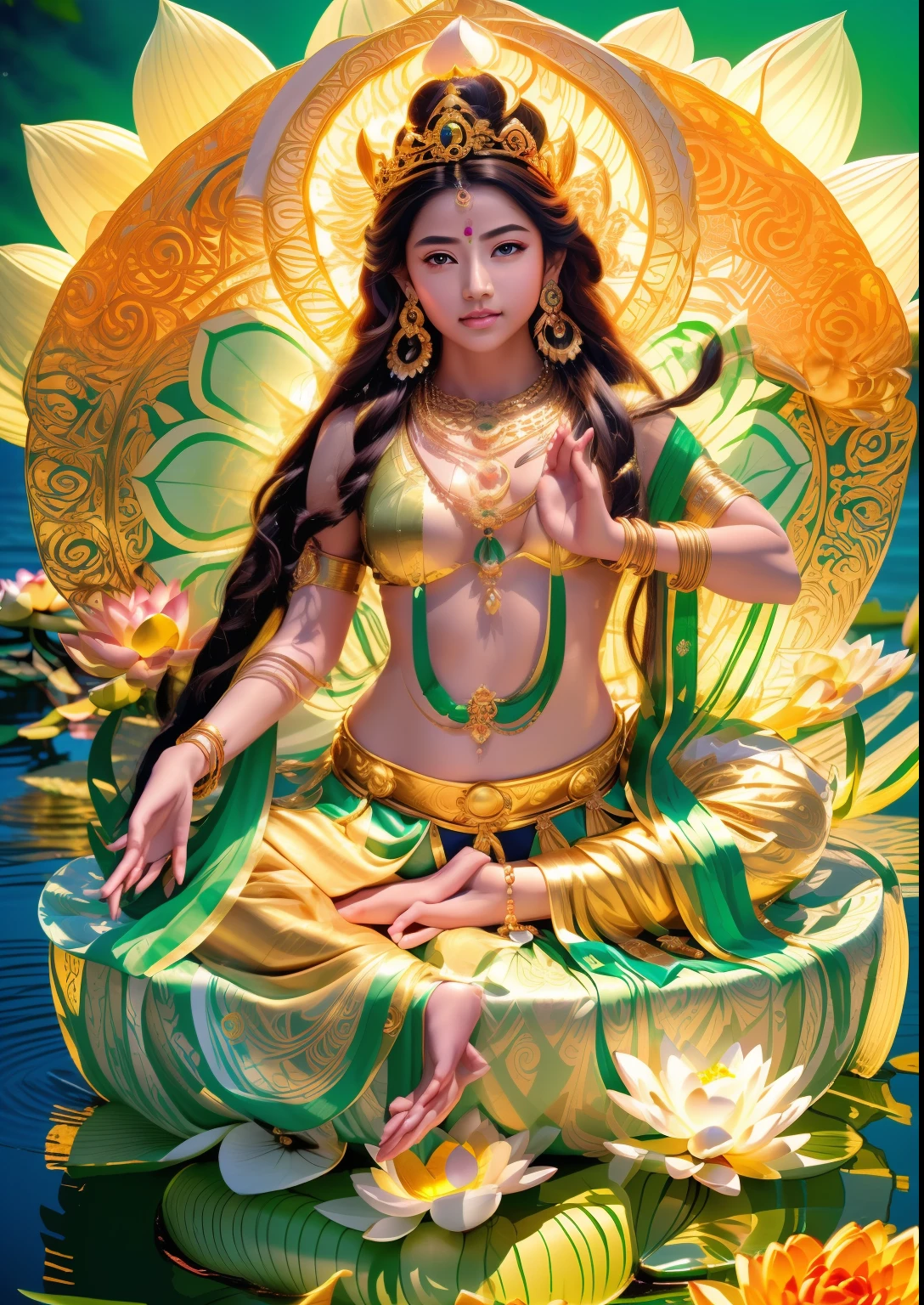 Beautiful green-skinned goddess sitting on a lotus platform，Holding a flower in his left hand，The right hand is sealed，Brown dress，purple ribbon， (((Body skin is green)))，Bright big eyes look at the audience，Long time brilliant，Peaceful sitting posture，Complete foot structure，Barefoot，In the background are the sky，The sky behind the head has a circular circle of light，Light，（primitive：1.2），（realisticlying：1.4），（Sharpness：1.2），16 yaers old，(((body high：1.5))),（（Gemstones refract dazzling light）），（（middlebreast：1）），（abs：0.7），（glute：1.2），(Healthy skin green，Green thin skin， seductiveexpression， double eyelid，Jelly textured lips， Glowing lips，Small upturned lips，Shiny skin，(((Green skin texture)))，Real pores，ctextured skin，choker necklace，Wear a lot of Yingluo，（Wear gemstones，pearls，hisui，amber，），（（Gorgeous and exquisite crown，gemstone setting）），（Dynamic hair，long whitr hair，Beaded hairpins，Nobile，Delicate skin texture），Glossy glossy skin，Glowing green skin，Radiant hair，The head is illuminated with an aperture，The body shines， High quality detailing， Cinematic lighting，,absurderes, unbelievable Ridiculous, hugefilesize, ultra - detailed, A high resolution, The is very detailed，best qualtiy，tmasterpiece，illustratio，The is very detailed，CG，unified，8k wallpaper，Amazing Cleavage，finely detailled，tmasterpiece，(((dynamicposes)))，((Correct anatomy)),(((Correct dissection))，indian goddess of wealth，