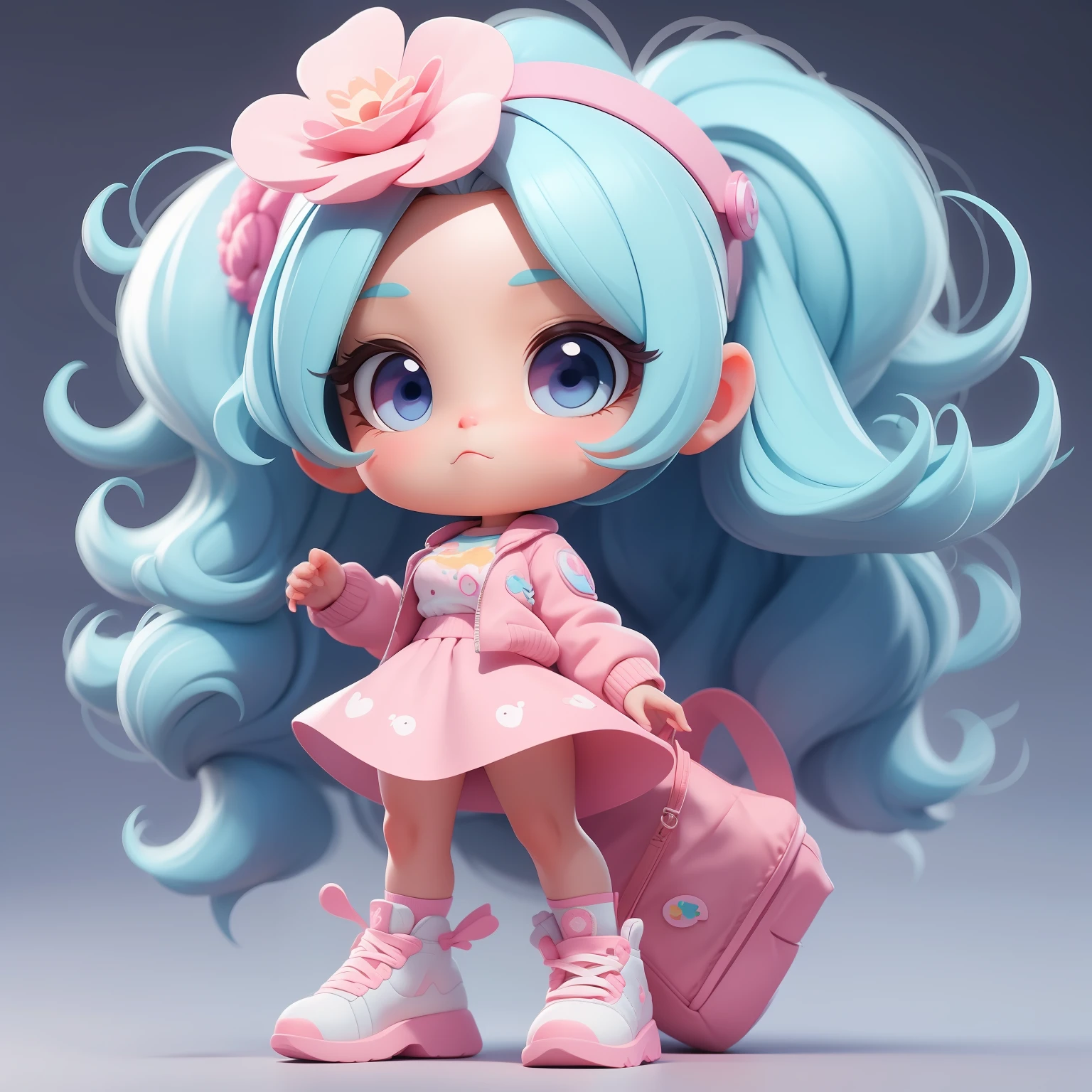 une fille super mignonne, Tout le corps, accessoires pour cheveux mignons et rêveursPopmart Blind Box, Conception IP, rendu 3D d&#39;arrière-plan propre et lumineux, Rendu OC, 8k, mise au point douce, détail brillant super fin --ar 3:6 50 --q 2 --niji 5 --style expressif --s 2